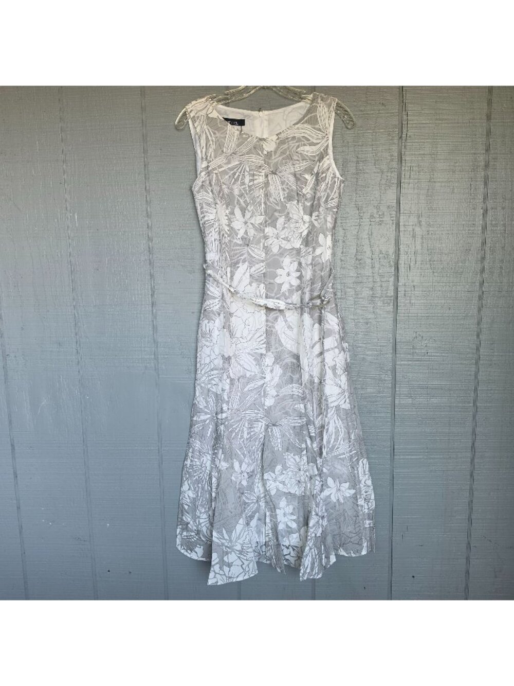 Barry Bricken Blanca Floral Midi Dress Gray White Belted Sleeveless